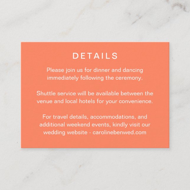 Cartão De Informações Minimalist Modern Tangerine Wedding Details (Frente)