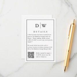 Cartão De Informações Minimalist Monogram Wedding QR Code Enclosure Card