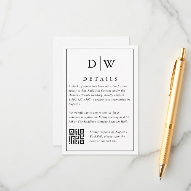 Cartão De Informações Minimalist Monogram Wedding QR Code Enclosure Card (Frente/Verso In Situ)