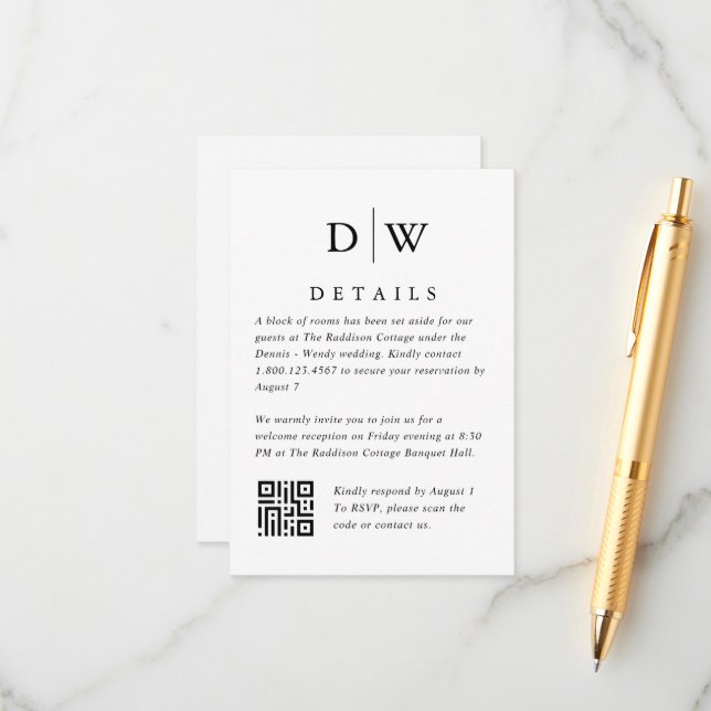 Cartão De Informações Minimalist Monogram Wedding QR Code Enclosure Card (Frente/Verso In Situ)