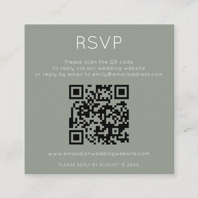Cartão De Informações Minimalist QR Code Sage Green Wedding RSVP (Frente)