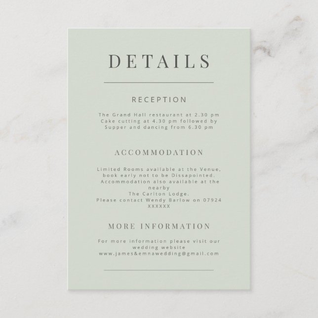 Cartão De Informações Minimalist Wedding Details Pale Sage (Frente)