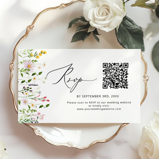 Cartão De Informações Minimalist Wildflower QR code wedding RSVP (Criador carregado)