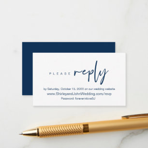 Cartão De Informações Minimalista moderno, script azul Marinho, RSVP on-