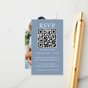 Cartão De Informações Minimalista Simples Casamento QR Foto Azul Poeira