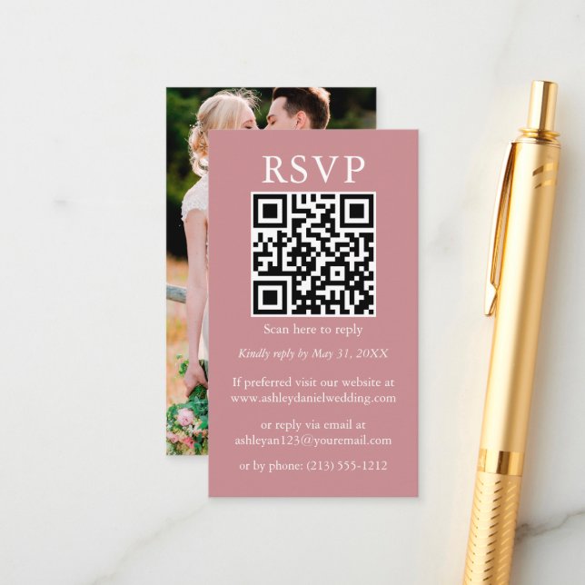 Cartão De Informações Minimalista Simples Casamento QR Foto Rosa Empoeir (Frente/Verso In Situ)