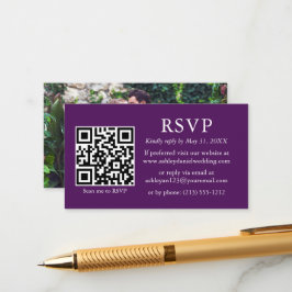 Cartão De Informações Minimalista Simples Foto Casamento QR Roxo RSVP