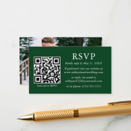 Cartão De Informações Minimalista Simples Foto Casamento QR Verde RSVP