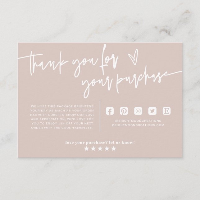 Cartão De Informações Mínimo Boho Blush Pink Obrigado Pacote Inserir (Frente)