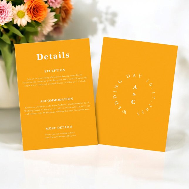 Cartão De Informações Mínimo de detalhes casuais do casamento (MODERN STYLISH CASUAL ORANGE CREATED WEDING DETAILS CARD )