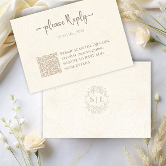 Cartão De Informações Mínimo Elegante Floral RSVP | Código QR Casamento