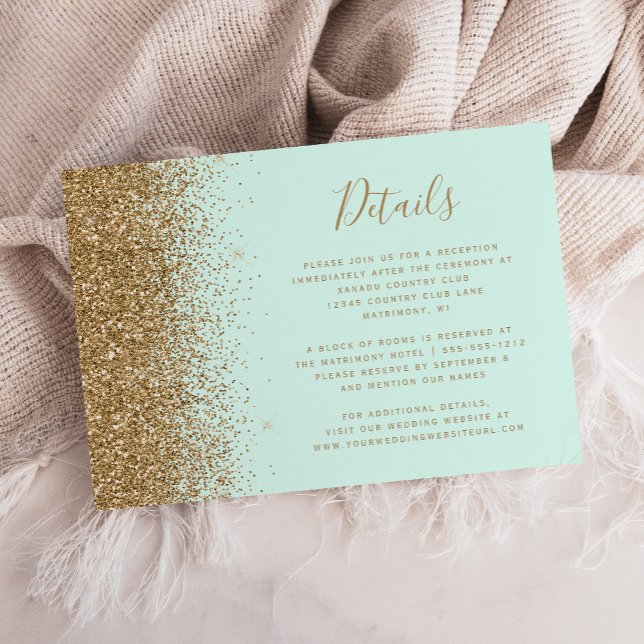 Cartão De Informações Mint Green Gold Glitter Wedding Details (Criador carregado)