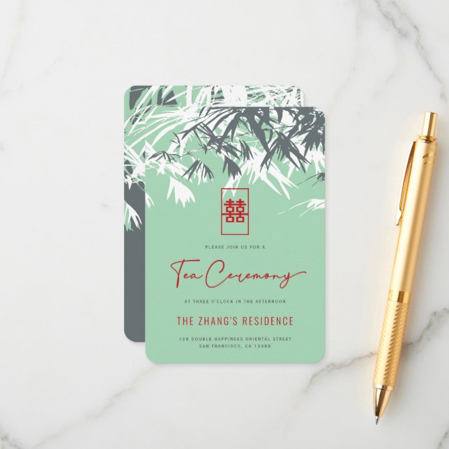 Cartão De Informações Mint Green Zen Bamboo deixa cerimônia chinesa de c (Frente/Verso In Situ)