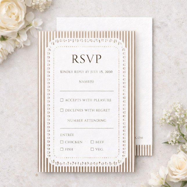 Cartão De Informações Mocha Brown French Stripe Lace Wedding RSVP (Criador carregado)