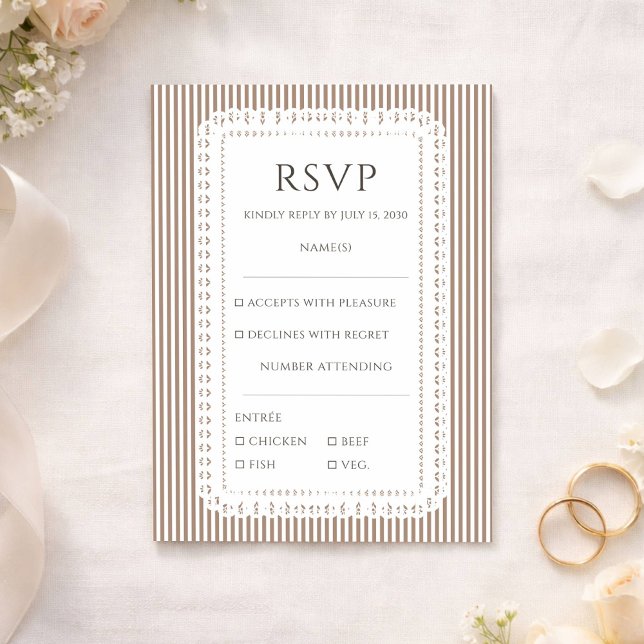 Cartão De Informações Mocha Brown Stripe Lace Doily Wedding RSVP (Criador carregado)