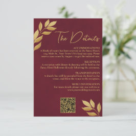 Cartão De Informações Mod Leaves Burgundy Gold Wedding Details QR Code