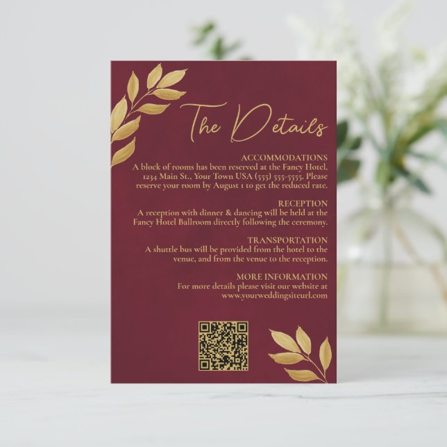 Cartão De Informações Mod Leaves Burgundy Gold Wedding Details QR Code (Em pé/Frente)