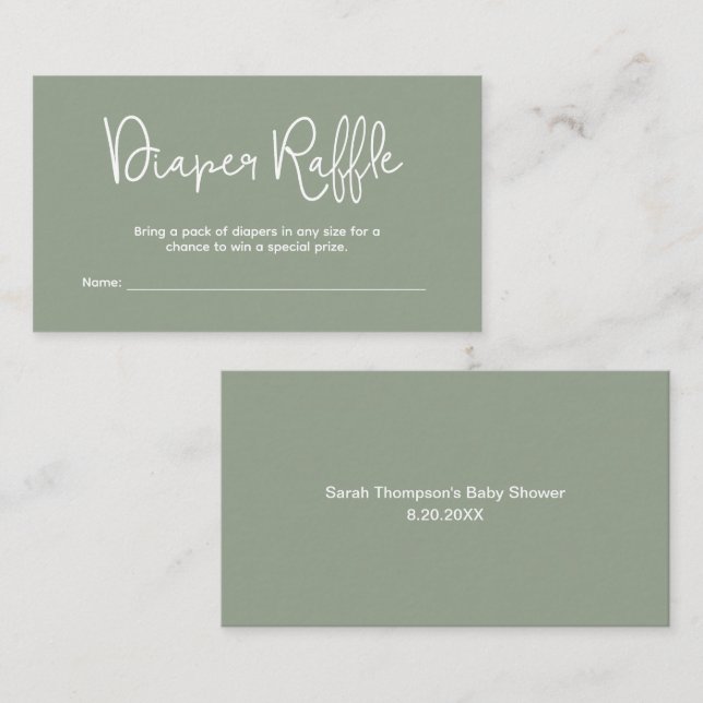 Cartão De Informações Modern Baby Shower Sage Green Diaper Raffle (Frente/Verso)