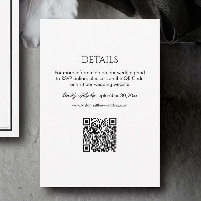 Cartão De Informações Modern Black and White Wedding Details Qr Code (Criador carregado)