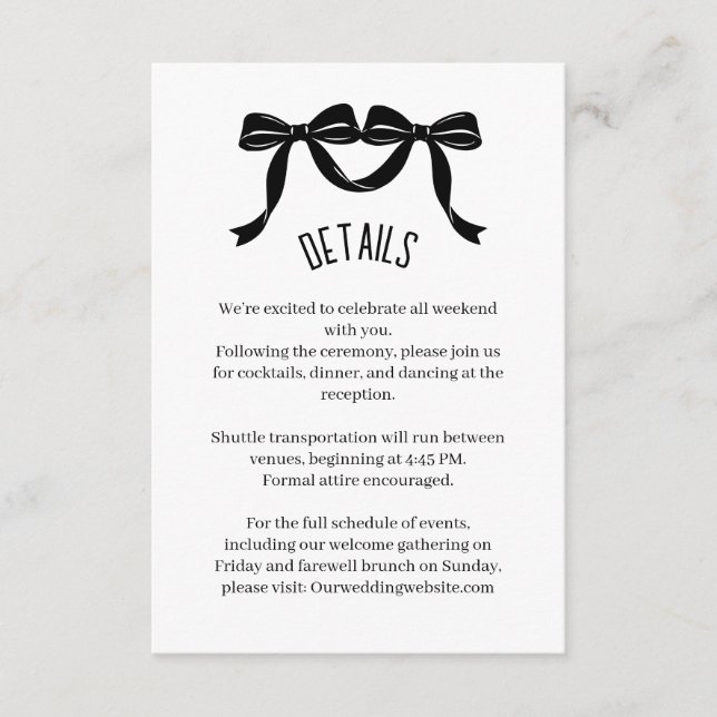 Cartão De Informações Modern Black bow Wedding Details Enclosure Card  (Frente)