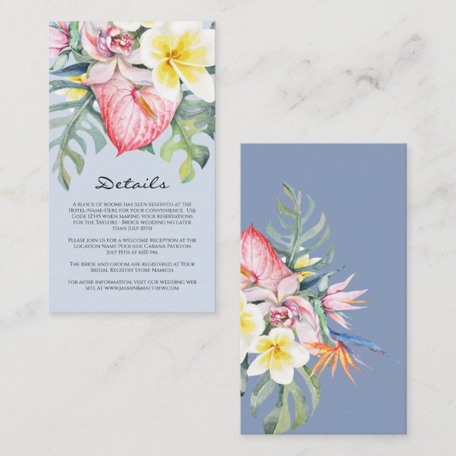 Cartão De Informações Modern Blue Tropical Floral Hawaii Wedding (Frente/Verso)