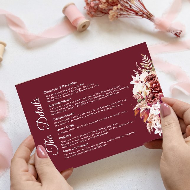 Cartão De Informações Modern Burgundy Floral Wedding Details  (Criador carregado)