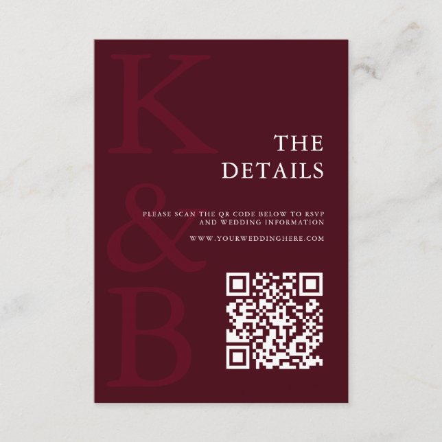 Cartão De Informações Modern Burgundy Monogram Minimalist Wedding (Frente)