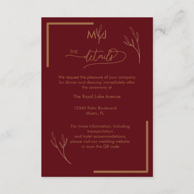 Cartão De Informações Modern Burgundy  Monogram Wedding Details (Frente)