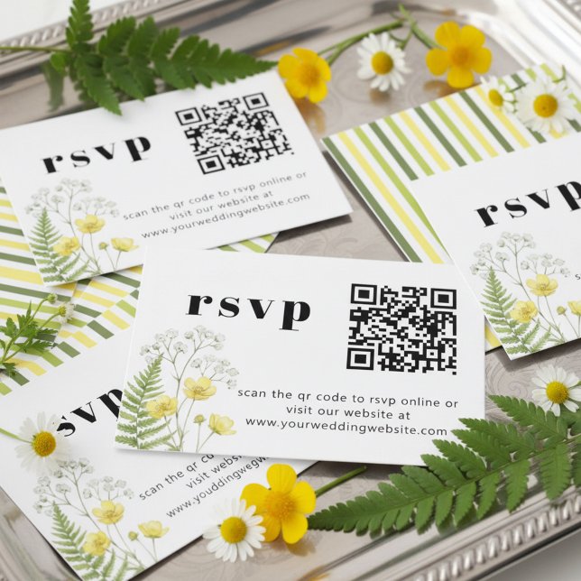 Cartão De Informações Modern Citrus Wildflower Stripe QR RSVP (QR Code Online RSVP Cards - from Citrus Green Wildflower wedding collection by Darling & May)