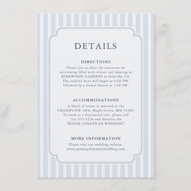 Cartão De Informações Modern Classic Stripes Dusty Blue Wedding Details (Frente)