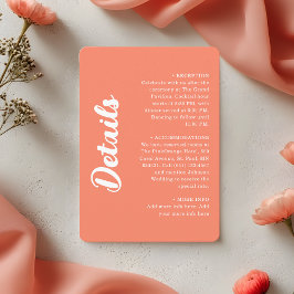 Cartão De Informações Modern Coral Pink Groovy Script Wedding Details