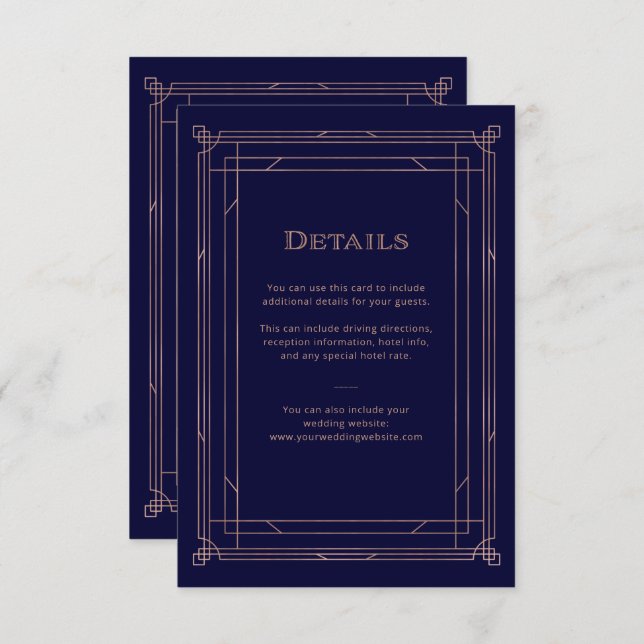 Cartão De Informações Modern Deco Rosa Dourado | Detalhes do Convidado d (Frente/Verso)