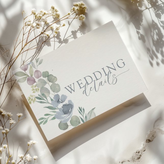 Cartão De Informações Modern Dusty Blue Floral Details Wedding  (Criador carregado)