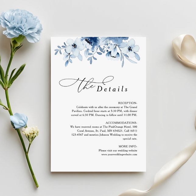 Cartão De Informações Modern Dusty Blue Floral Wedding Details (Criador carregado)