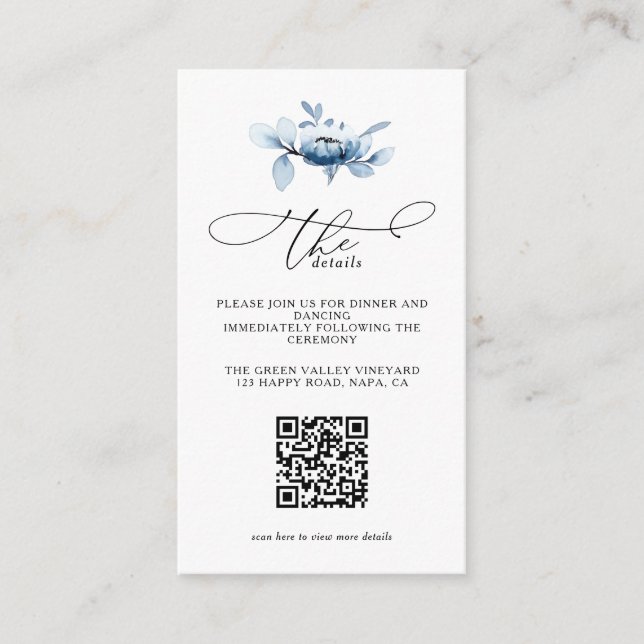 Cartão De Informações Modern Dusty Floral QR Code Wedding Details (Frente)