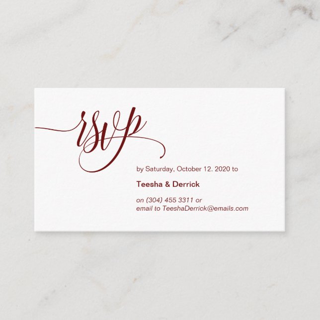 Cartão De Informações Modern Elegant, Burgundy Script, RSVP de Casamento (Frente)