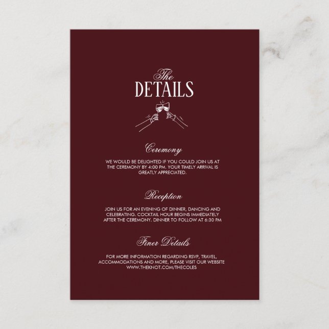 Cartão De Informações Modern Elegant Burgundy Wedding Details  (Frente)
