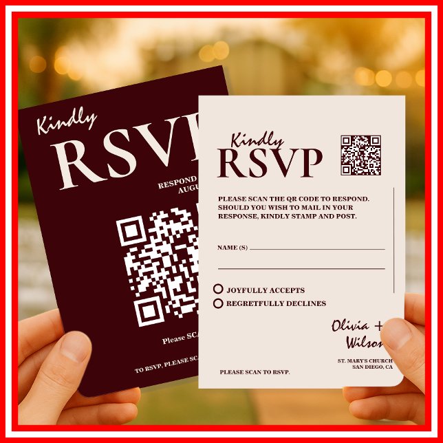 Cartão De Informações Modern Elegant Burgundy Wedding QR CODE RSVP (Criador carregado)
