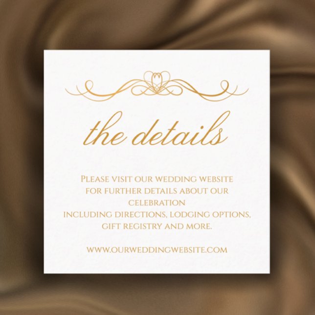 Cartão De Informações Modern Elegant Gold & White Wedding Details (Add your own words for a custom elegant gold and white details enclosure card with wedding QR code)
