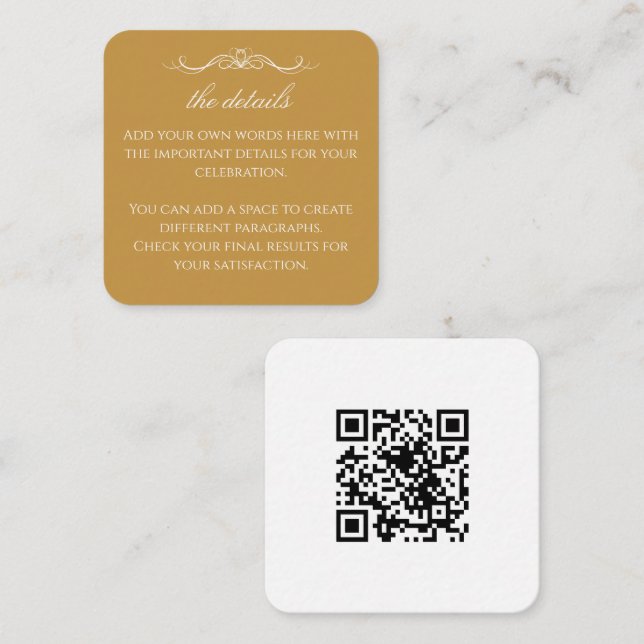 Cartão De Informações Modern Elegant Gold & White Wedding QR Details (Frente/Verso)