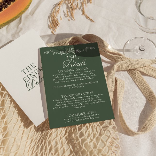 Cartão De Informações Modern Emerald Green Boho Floral Wedding Details (Criador carregado)