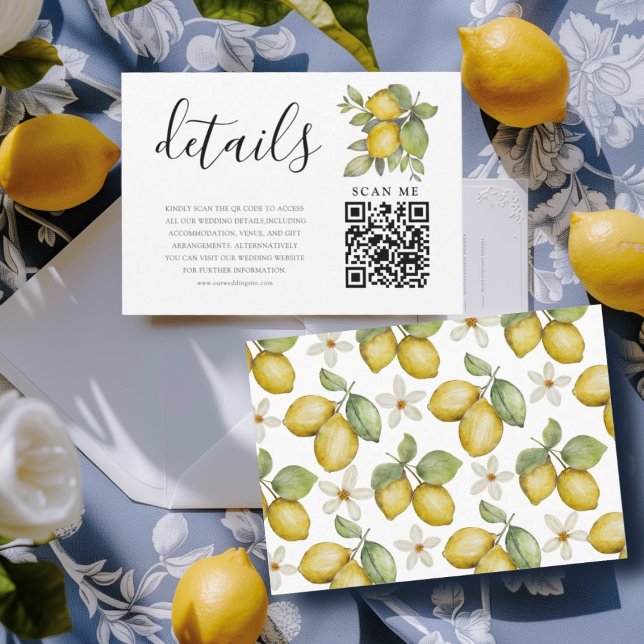 Cartão De Informações Modern Lemons Yellow & Blue Wedding Details Enclos (Criador carregado)