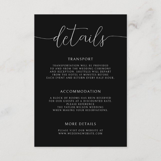 Cartão De Informações Modern Minimalist Calligraphy Wedding Details (Frente)