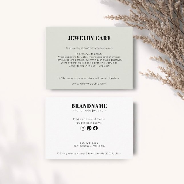 Cartão De Informações Modern Minimalist Green Jewelry Care Insert Card (Criador carregado)