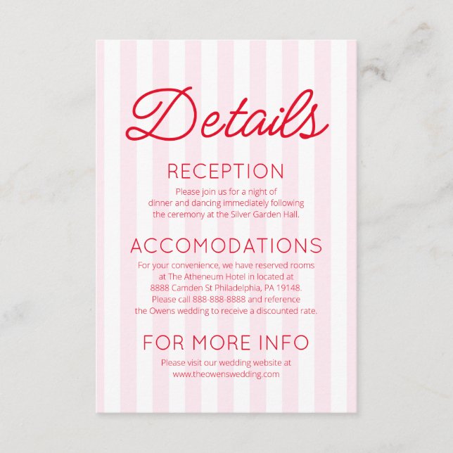 Cartão De Informações Modern Minimalist Red Pink Stripes Wedding Details (Frente)