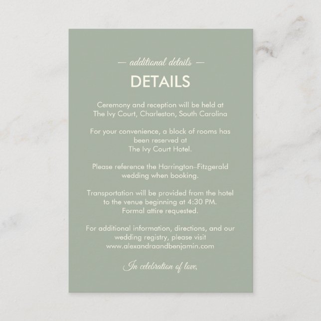 Cartão De Informações Modern Minimalist Wedding | Sage Green Timeless  (Frente)