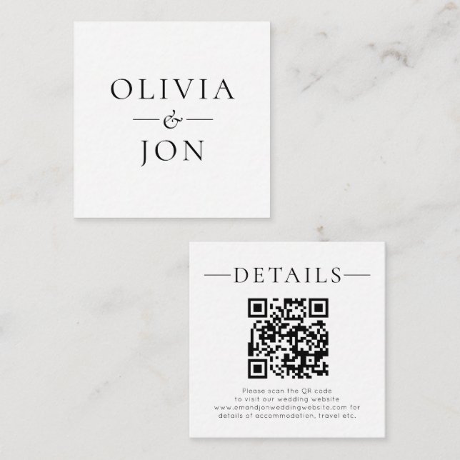 Cartão De Informações Modern Names QR Code Black White Wedding Details (Frente/Verso)