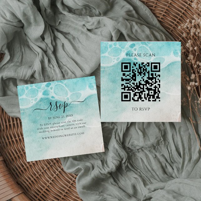Cartão De Informações Modern Ocean Tide Wedding QR Code RSVP Card (Criador carregado)