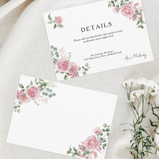 Cartão De Informações Modern Pink Roses Details Graduation (Criador carregado)