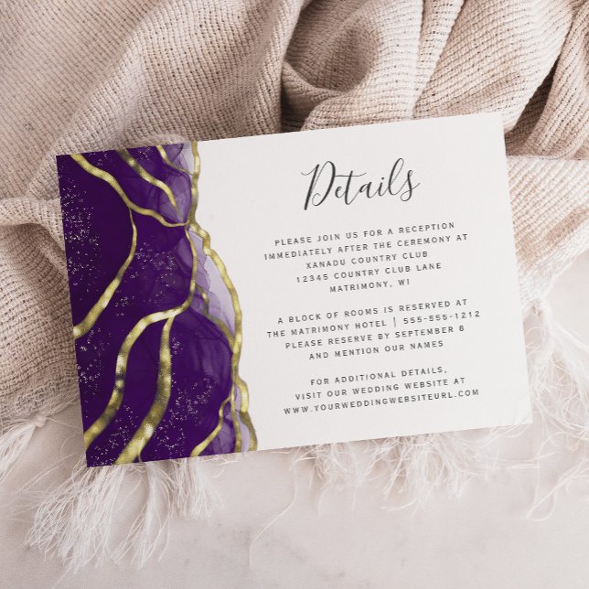 Cartão De Informações Modern Purple Gold Ink Wedding Details (Criador carregado)